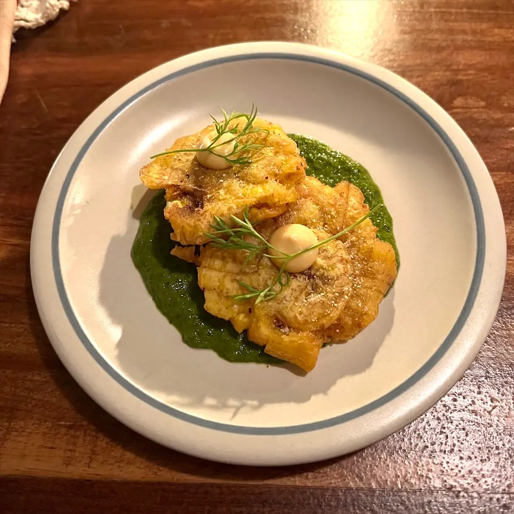 Fried Plantains With Scotch Bonnet Aioli, Green Sauce And Delfino Cilantro