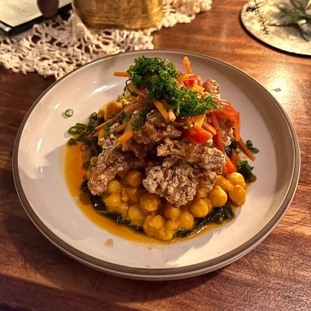 Veg Chickpea Stew, Fried Mushroom, With Escovitch Over Callaloo
